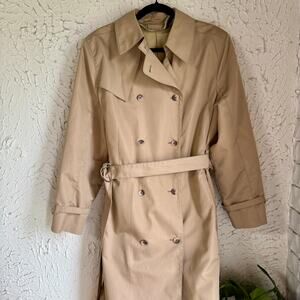 Vintage London Fog Trench Coat Tan Belted Classic Double Breasted Coat Size 18